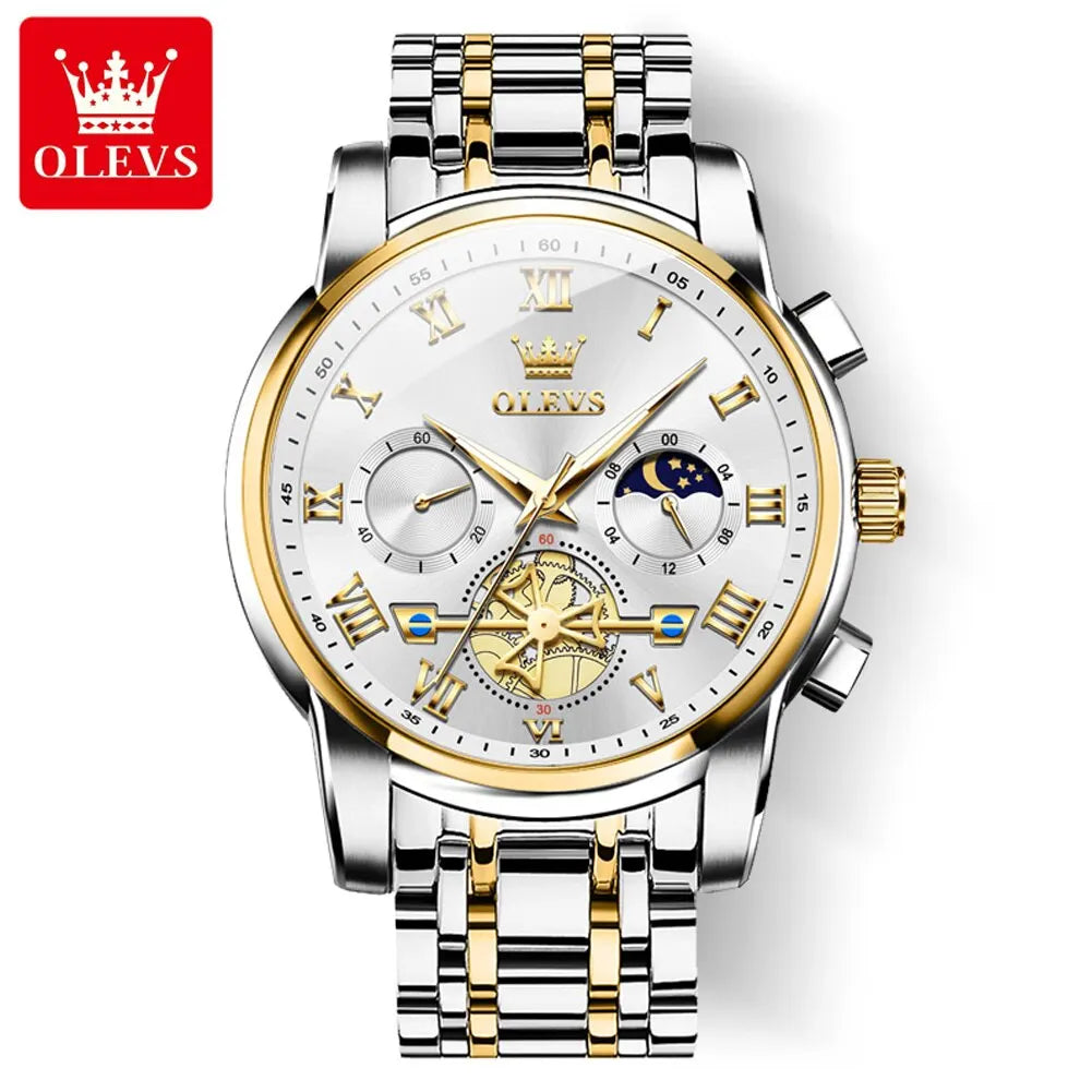 OLEVS 2859 Luxury Stainless Steel Watch – Waterproof, Moon Phase, Chronograph, Luminous Hands
