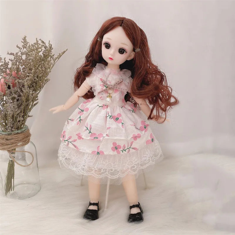 Premium 30cm BJD Doll – Realistic Eyes, Poseable Body, Dress & Shoes Gift Set