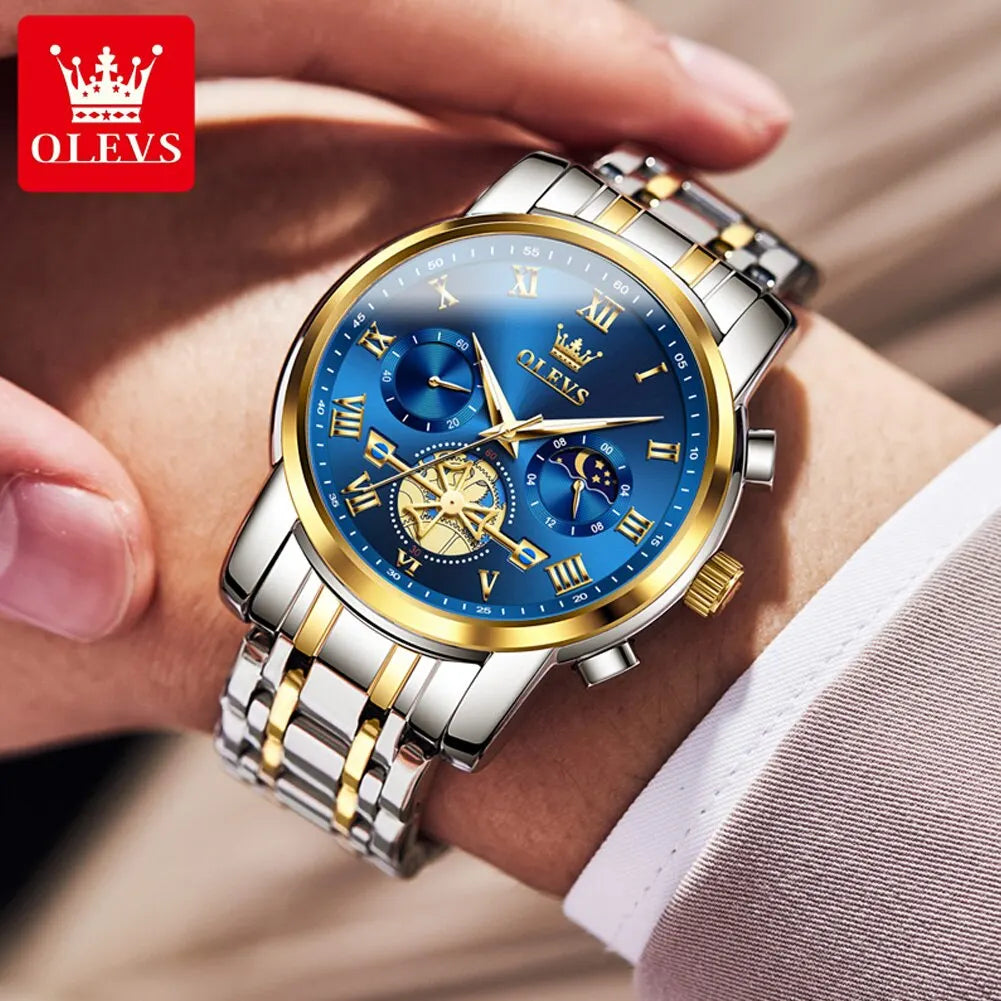 OLEVS 2859 Luxury Stainless Steel Watch – Waterproof, Moon Phase, Chronograph, Luminous Hands