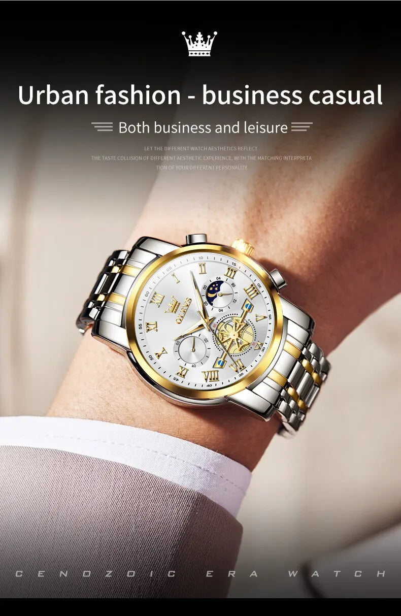 OLEVS 2859 Luxury Stainless Steel Watch – Waterproof, Moon Phase, Chronograph, Luminous Hands