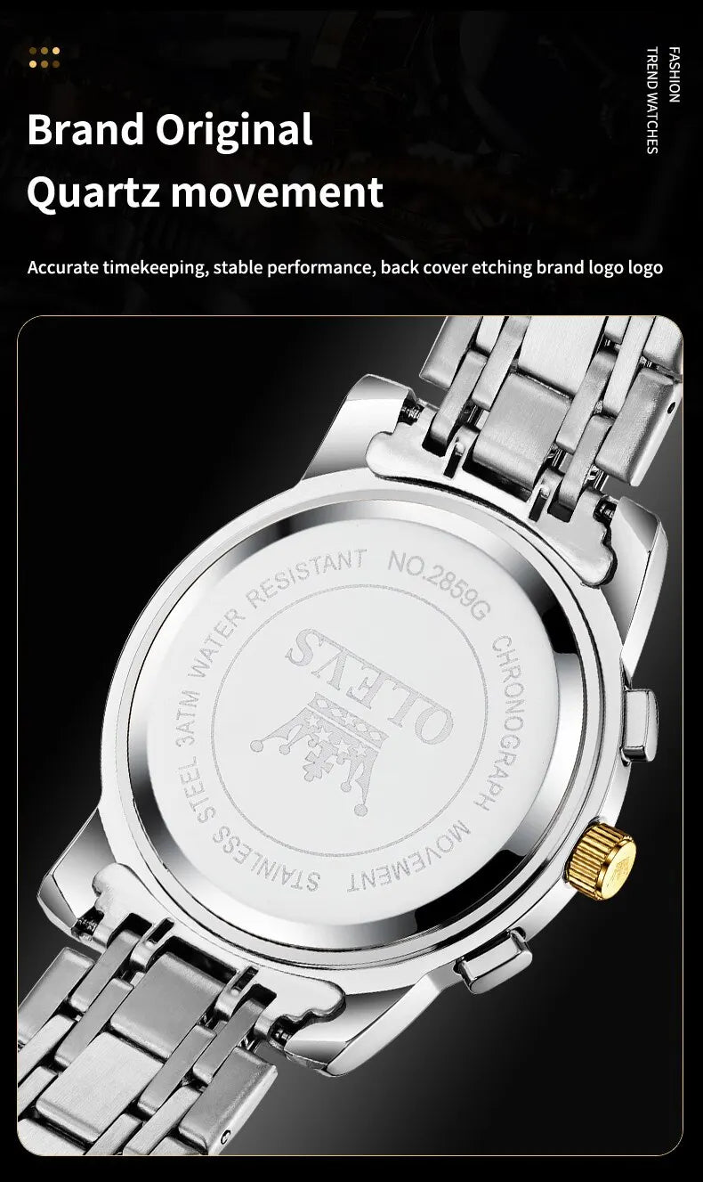 OLEVS 2859 Luxury Stainless Steel Watch – Waterproof, Moon Phase, Chronograph, Luminous Hands