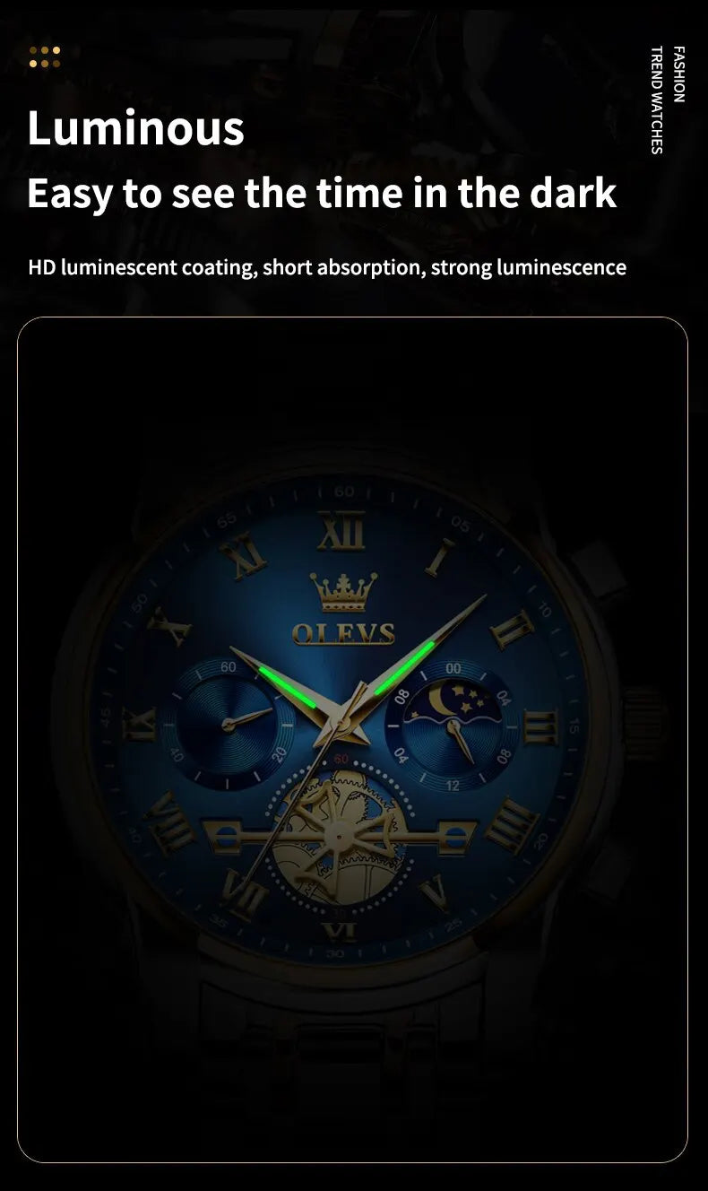 OLEVS 2859 Luxury Stainless Steel Watch – Waterproof, Moon Phase, Chronograph, Luminous Hands