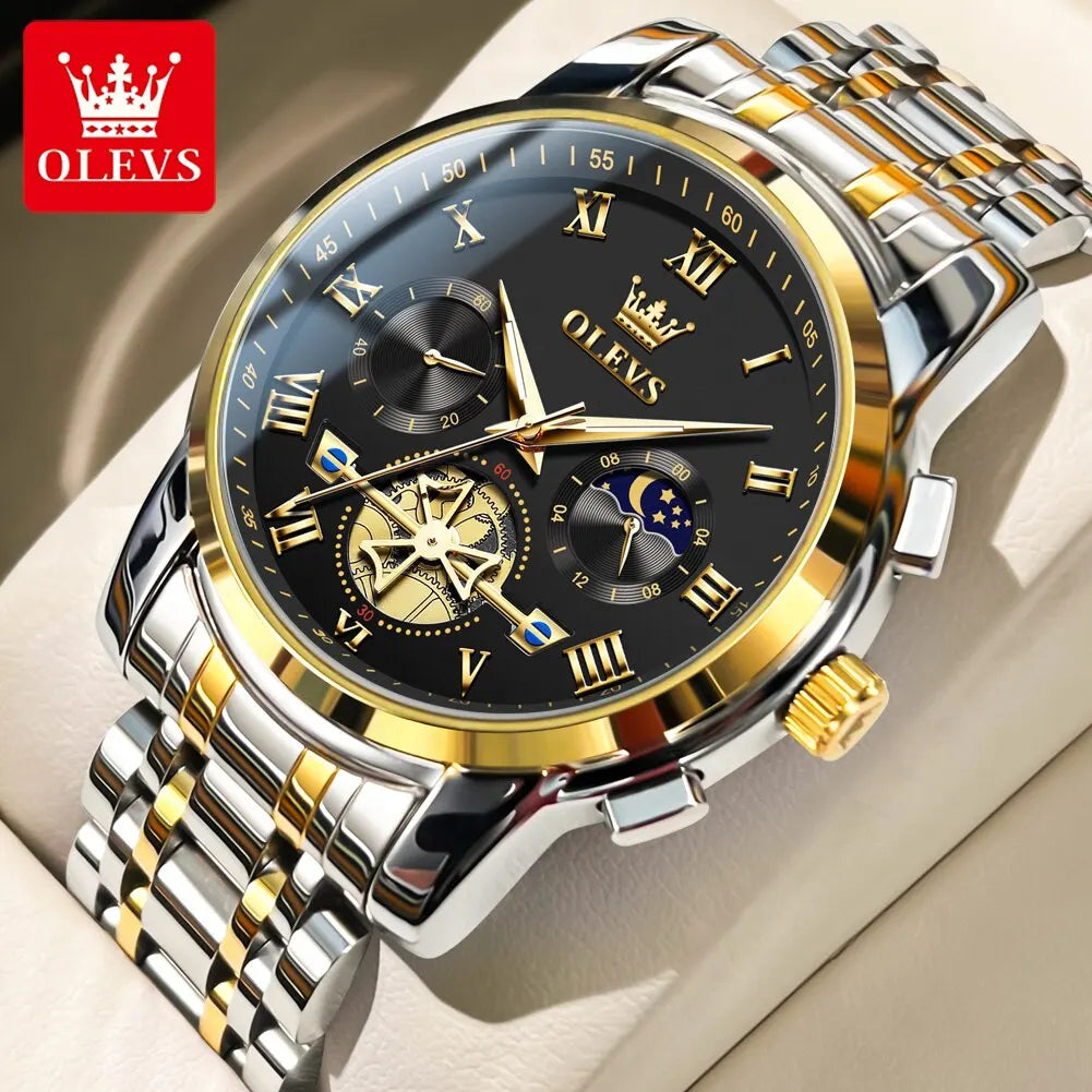 OLEVS 2859 Luxury Stainless Steel Watch – Waterproof, Moon Phase, Chronograph, Luminous Hands