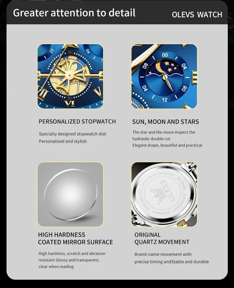 OLEVS 2859 Luxury Stainless Steel Watch – Waterproof, Moon Phase, Chronograph, Luminous Hands