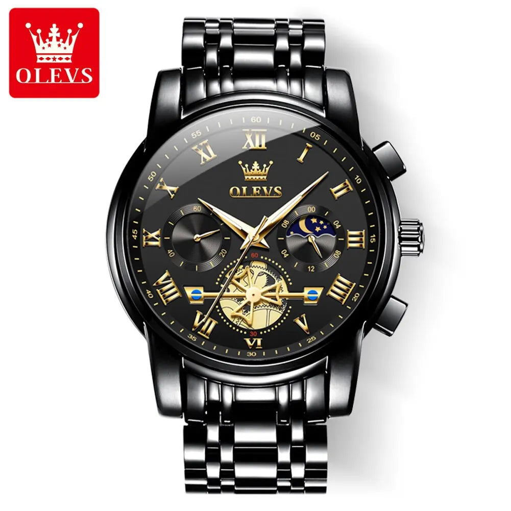 OLEVS 2859 Luxury Stainless Steel Watch – Waterproof, Moon Phase, Chronograph, Luminous Hands