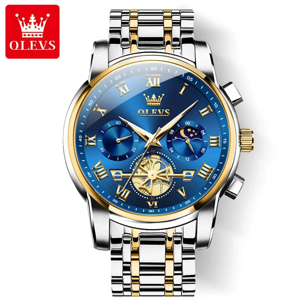 OLEVS 2859 Luxury Stainless Steel Watch – Waterproof, Moon Phase, Chronograph, Luminous Hands