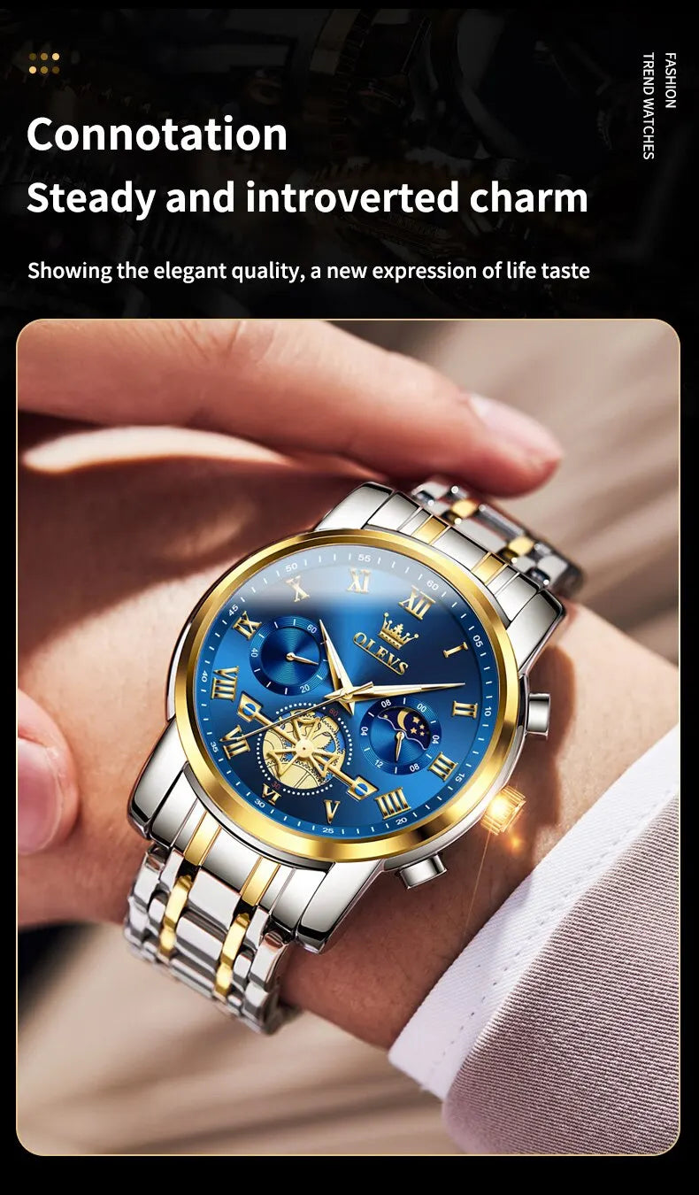 OLEVS 2859 Luxury Stainless Steel Watch – Waterproof, Moon Phase, Chronograph, Luminous Hands