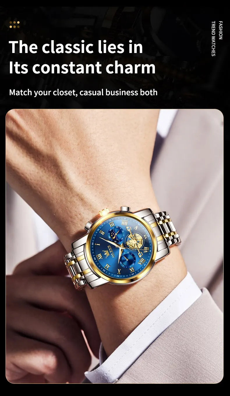 OLEVS 2859 Luxury Stainless Steel Watch – Waterproof, Moon Phase, Chronograph, Luminous Hands