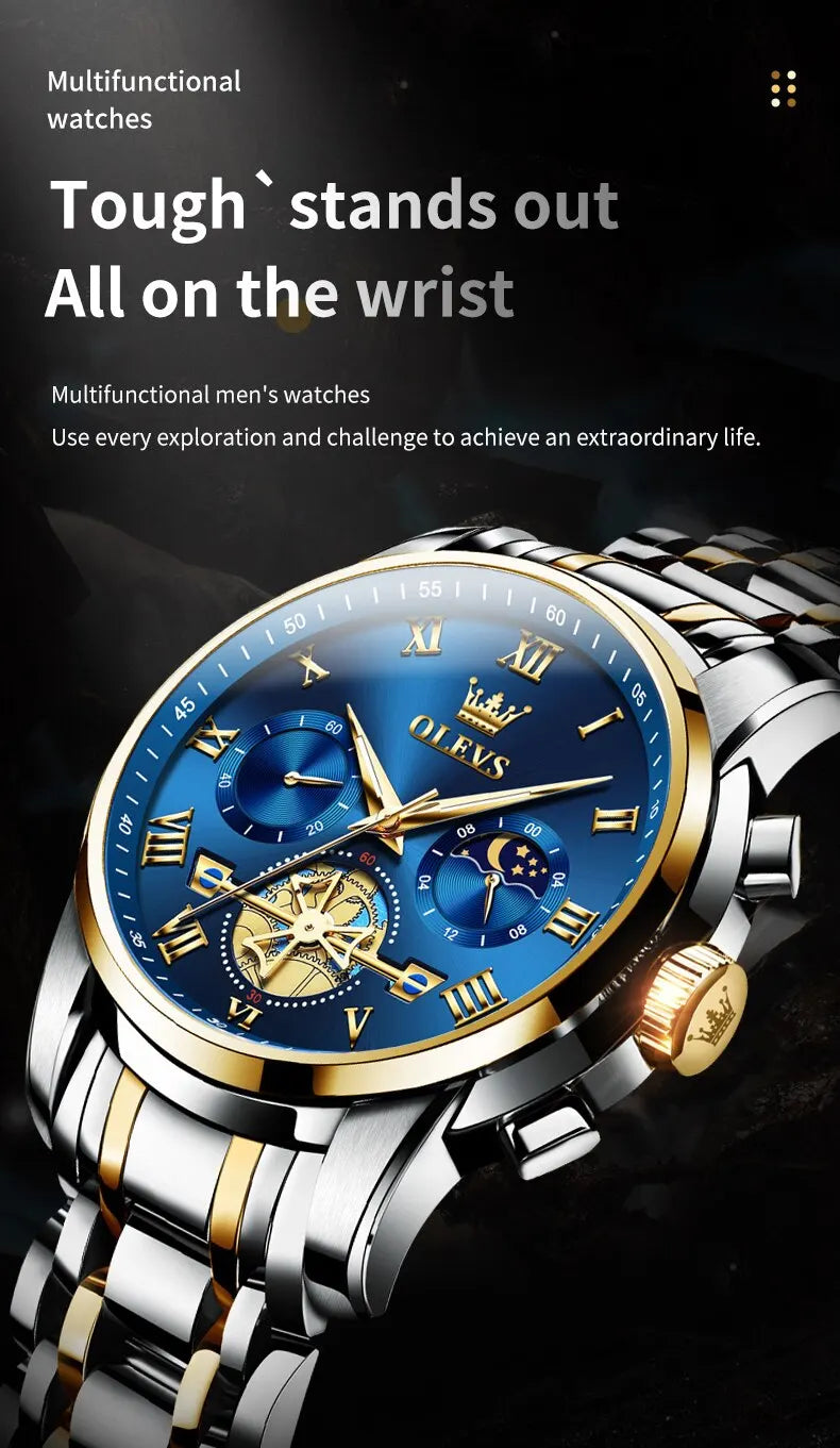 OLEVS 2859 Luxury Stainless Steel Watch – Waterproof, Moon Phase, Chronograph, Luminous Hands