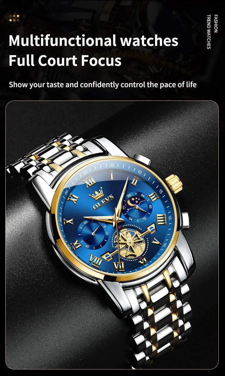 OLEVS 2859 Luxury Stainless Steel Watch – Waterproof, Moon Phase, Chronograph, Luminous Hands