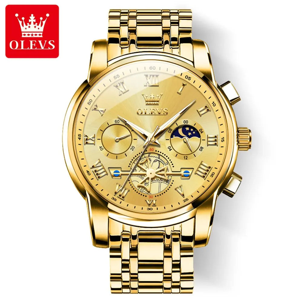 OLEVS 2859 Luxury Stainless Steel Watch – Waterproof, Moon Phase, Chronograph, Luminous Hands