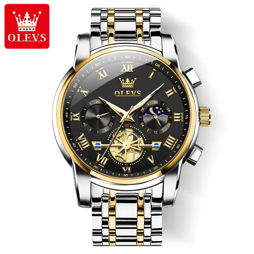OLEVS 2859 Luxury Stainless Steel Watch – Waterproof, Moon Phase, Chronograph, Luminous Hands