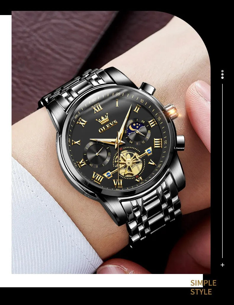 OLEVS 2859 Luxury Stainless Steel Watch – Waterproof, Moon Phase, Chronograph, Luminous Hands