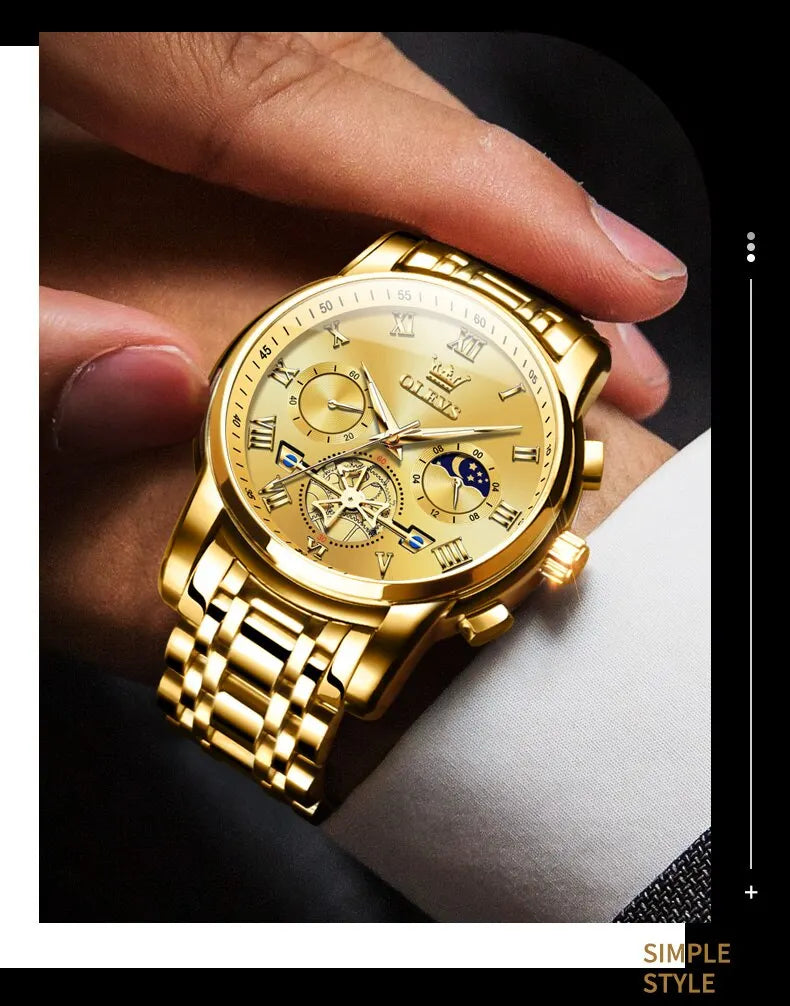 OLEVS 2859 Luxury Stainless Steel Watch – Waterproof, Moon Phase, Chronograph, Luminous Hands