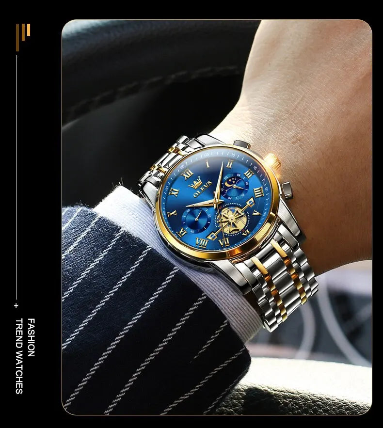 OLEVS 2859 Luxury Stainless Steel Watch – Waterproof, Moon Phase, Chronograph, Luminous Hands